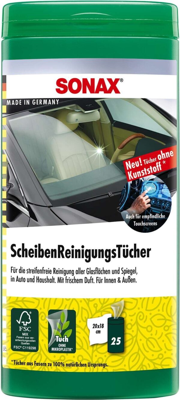 SONAX Scheibenreinigungstücher PET-Dose, 25 Feuchtücher für Innen und Außen